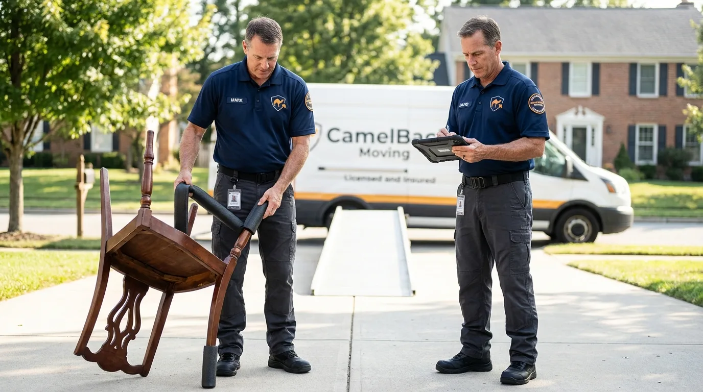 Movers inspecting furniture for damage prevention before loading in Judsonia, AR
